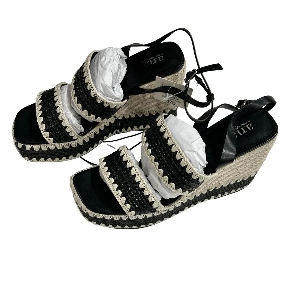 NEW a.n.a Shore Wedge Judge Sandals‎ Black & Beige Size 10